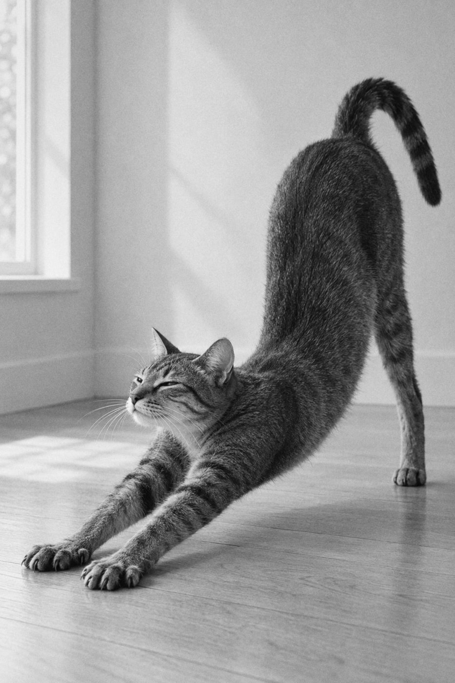 A house cat in a long, full-body stretch