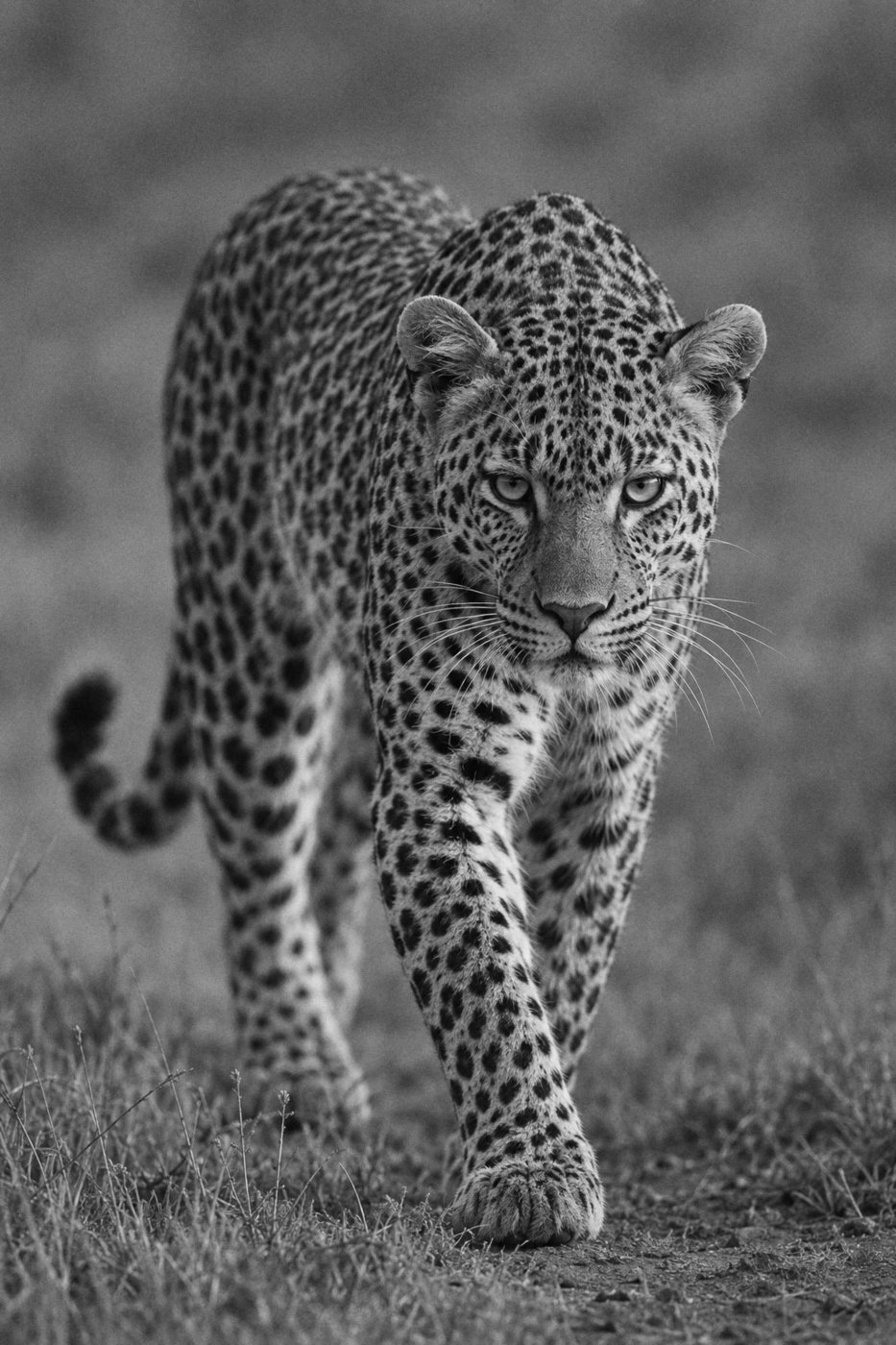 A leopard walking toward the camera, front paw meeting the ground